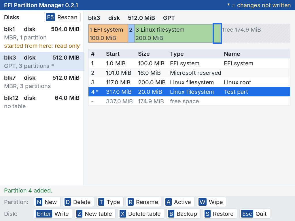 A GPT disk after adding partition 4: the row 4* in the table, its block in the bar, the message Partition 4 added and the title * = changes not written