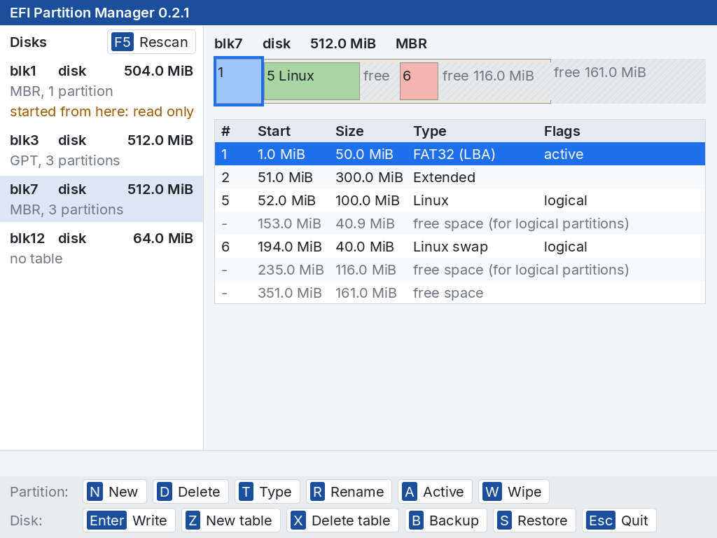 The window on an MBR disk: the list of disks, the bar with the extended partition as a band around two logical partitions, the table and the buttons