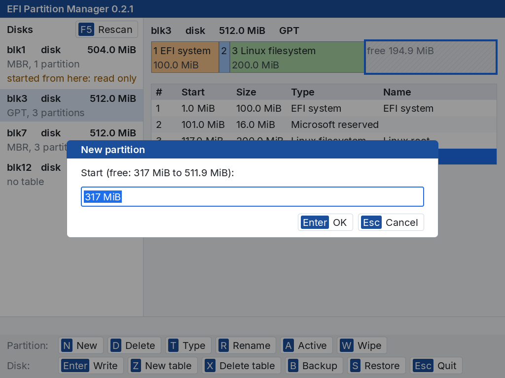 The New partition dialog: Start (free: 317 MiB to 511.9 MiB), proposing 317 MiB