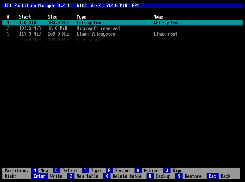 The text screen of a GPT disk: title bar, the rows of the partitions and the free space, and the two key bars at the bottom