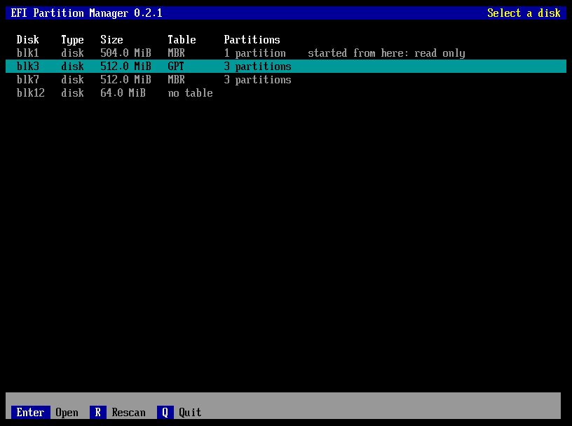 The text list of disks: blk1 marked as the disk partmgr was started from, blk3 with GPT and three partitions, blk7 with MBR, blk12 without a table