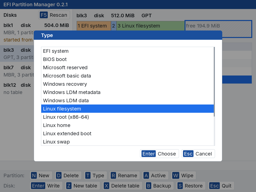 The Type list of a GPT disk, with Linux filesystem selected
